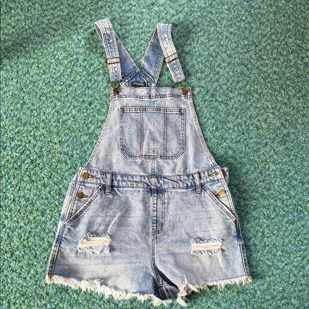 Blue Denim Short Overalls - Distressed